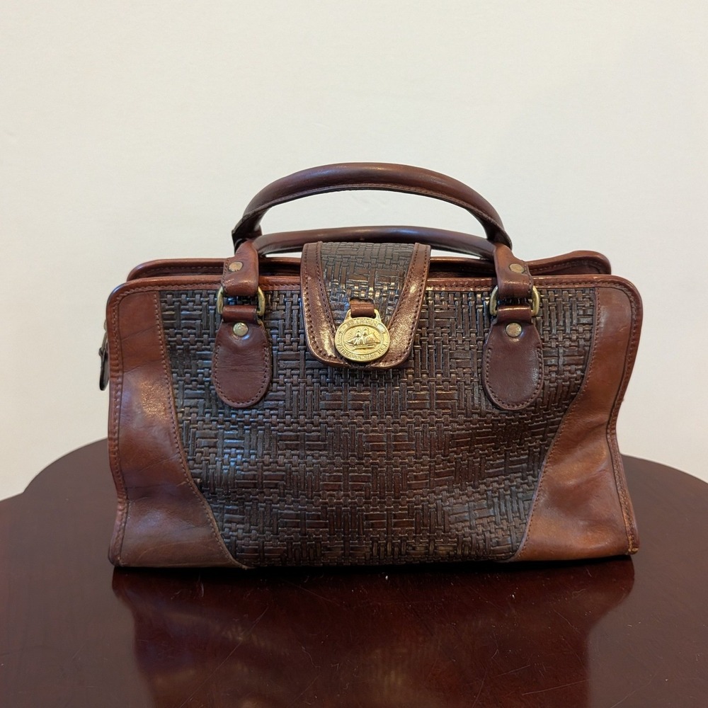 Vintage Brahmin Brown Leather Basketweave Satchel Handbag Doctor Bag USA Made